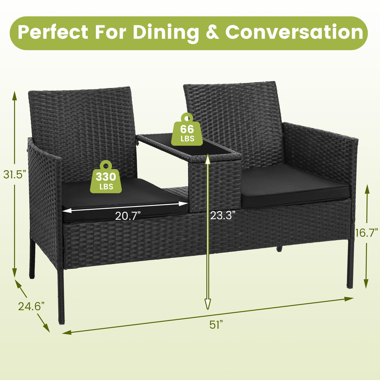 Kromax Wicker 2 Seat Patio Loveseat, Outdoor Rattan Loveseat with Table, Washable Cushion Covers, Backyard, Garden, Lawn, Black Rattan with Black Cushion Kromax