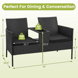 Kromax Wicker 2 Seat Patio Loveseat, Outdoor Rattan Loveseat with Table, Washable Cushion Covers, Backyard, Garden, Lawn, Black Rattan with Black Cushion Kromax