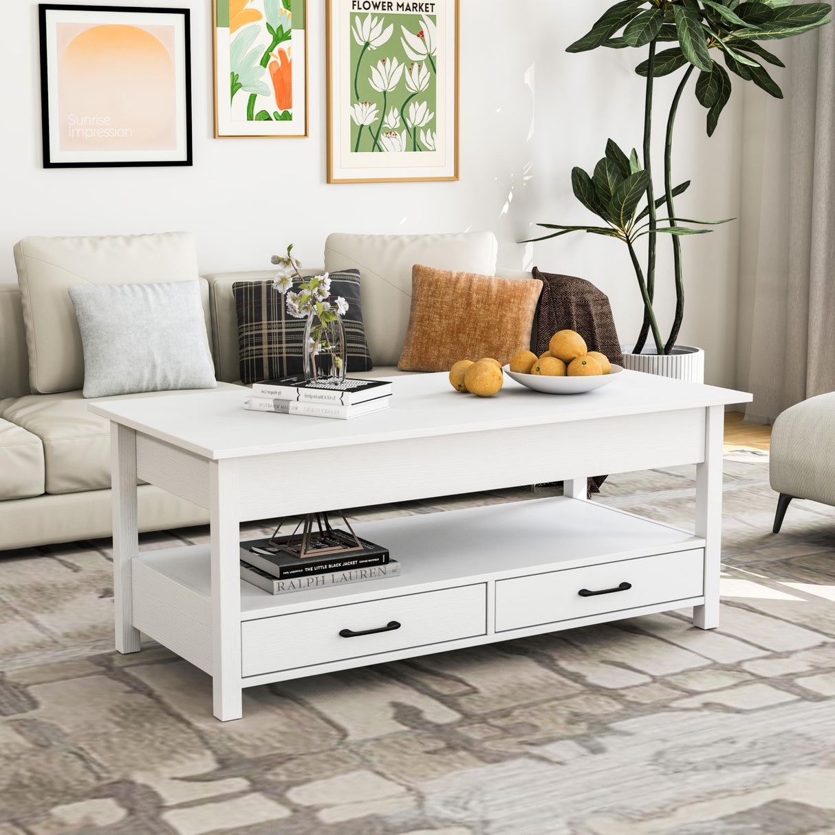 Panana Coffee Table, Lift Top Coffee Table with Hidden Compartment, 2 Drawers and 1 Open Shelf, Retro Central Wooden Table Lift Tabletop for Living Room (White) Panana