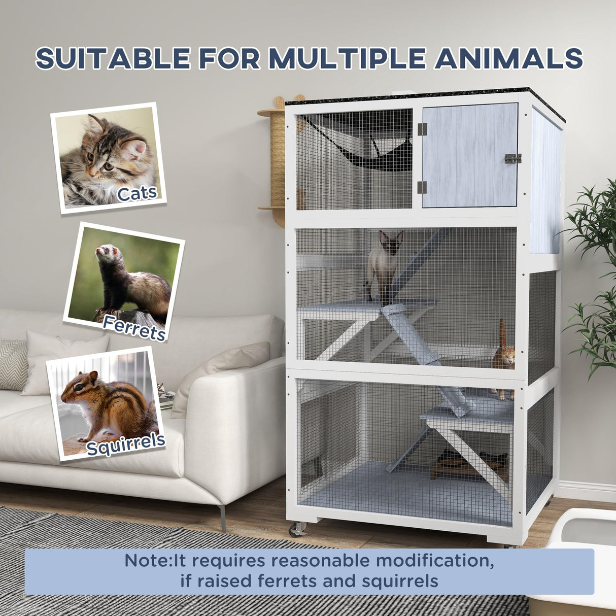 PawHut Catio, Outdoor Cat Enclosure House, Wooden Feral Cat Shelter on Wheels, Cat Cage with Hammock, Platforms Ramps, and Weather Protection Asphalt Roof, 34", Gray PawHut