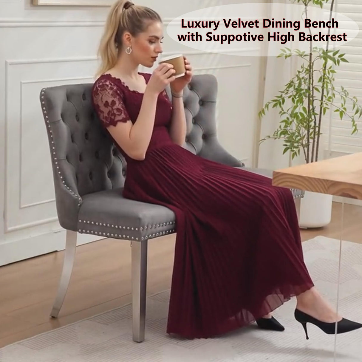 OIKIIWOO Upholstered Dining Bench with Back Tufted Settee Benches Small Loveseat Sofa Couch for Small Spaces,Entryway,Banquettee Seating Sofa Benches with Backrest (Grey+Silver Legs, Dining Bench) OIKIIWOO