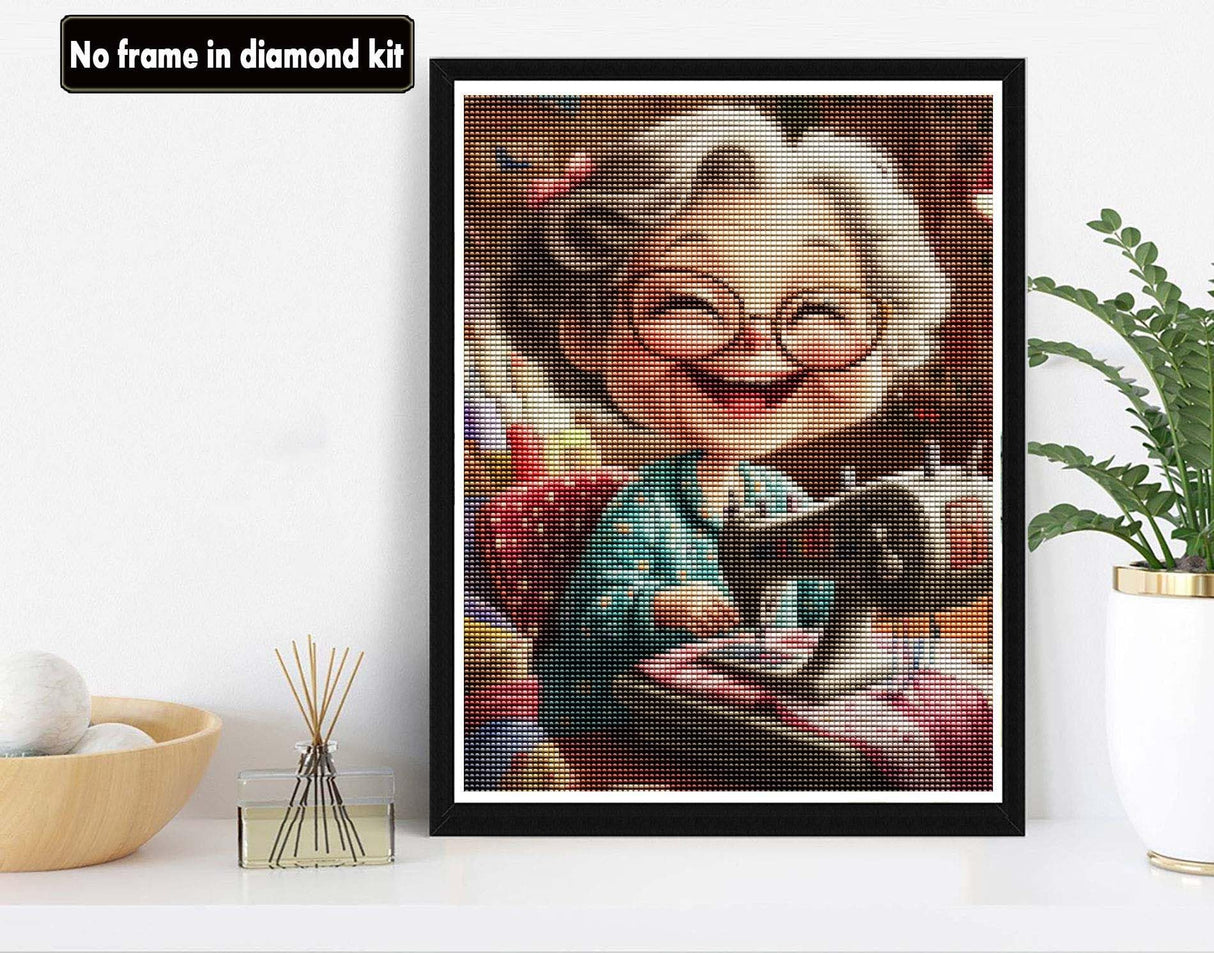 VAIIEYO 5D DIY Diamond Art Kits for Adults Sewing Machine, Diamond Art Cartoon Grandma, Diamond Painting Kits Full Drill Round Rhinestone Craft Canvas for Home Wall Decor Gift 12x16 inch VAIIEYO