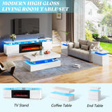 AMERLIFE Fireplace TV Stand with 36" Fireplace, 70" Modern High Gloss Fireplace Entertainment Center LED Lights, 2 Tier TV Console Cabinet for TVs Up to 80", Ivory White AMERLIFE