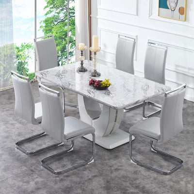 hohoedc 63" Morden Faux Marble Dining Room Table Set,Big Kitchen Dining Table for 6-8 with MDF Base,7 Piece Rectangle Dining Table Set &6 Pu Leather Upholstered Chairs Ideal