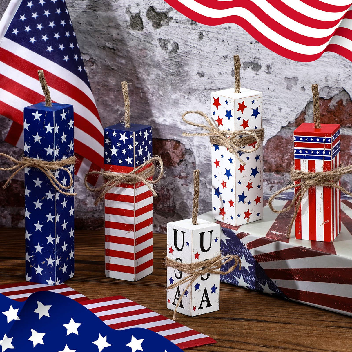 Weysat 5 Pcs 4th of July Tiered Tray Decor Wooden Rustic Patriotic Fireworks Centerpiece Wood Memorial Day Independence Day Red White and Blue Decorations for Farmhouse Home Table Decor Weysat