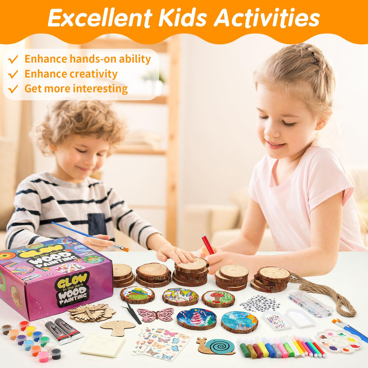 Qinzave Kids Wooden Painting Kit Glow in The Dark Arts Crafts Gifts for Boys Girls, 200 PCS Wood Slice Creative DIY Craft Kit for Kids Ages 8-12 Qinzave