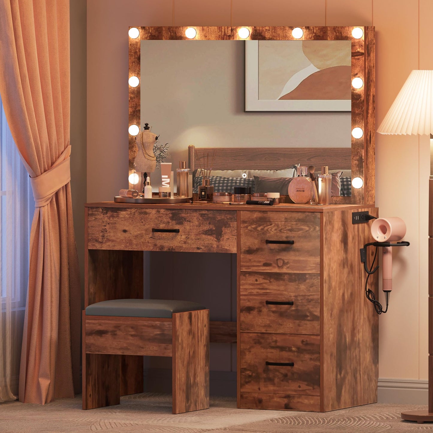 DWVO Makeup Vanity Desk with LED Lighted Mirror with 3 Color Lighting Modes, & Power Outlet, Vanity Table Set with 4 drawers, Power Outlet, Adjustable Brightness, Bedroom, Vintage Brown