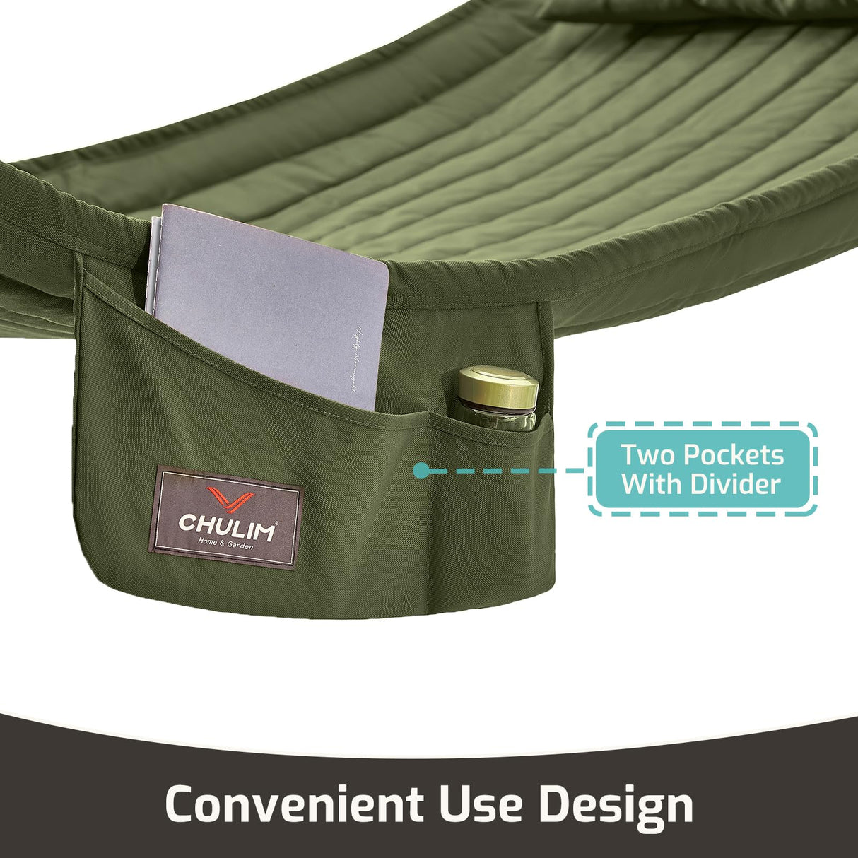 CHULIM Double Quilted Fabric Hammock with Hardwood Spreader Bars and Pillow 450 LBS Capacity 2 Person Hammock Large Hammock for Outdoor Patio Backyard Poolside - Green CHULIM