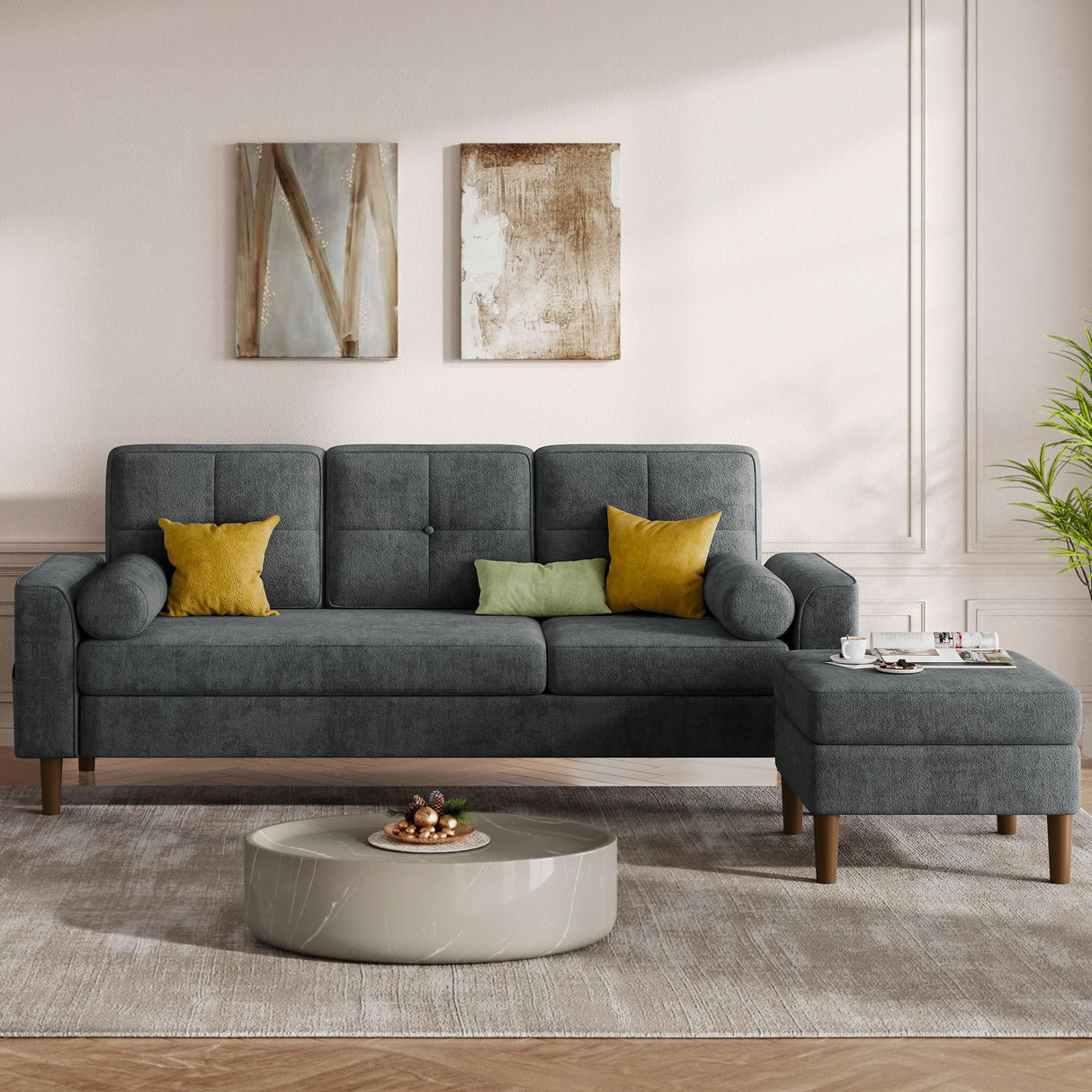 YITAHOME 78" Sectional Sofa Couch with Removable Ottoman, Cat-Scratch-Proof Fabric Sofa for Living Room Apartment, L-Shaped Sofa with 2 Cylinder Neck Pillows and Storage Pocket, Grey YITAHOME