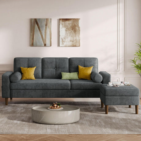 YITAHOME 78" Sectional Sofa Couch with Removable Ottoman, Cat-Scratch-Proof Fabric Sofa for Living Room Apartment, L-Shaped Sofa with 2 Cylinder Neck Pillows and Storage Pocket, Grey YITAHOME