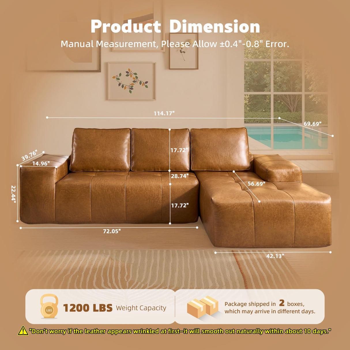CAODOC 114" Leather Sectional Couch with Comfy Chaise, Boneless L Shape Sofa with Deep Seat, Minimalist Modular Couches Sleeper for Living Room Lounge,Brown CAODOC