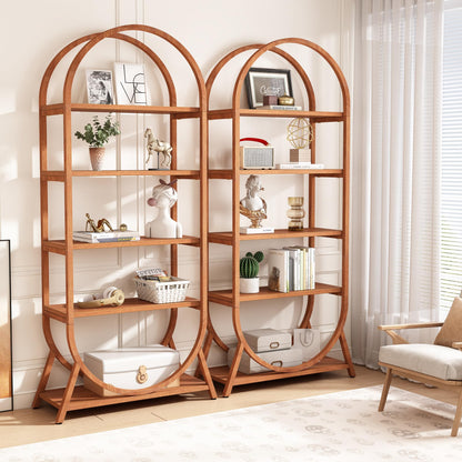 Tribesigns 5-Tier Arched Bookshelf - Modern Bright Brown Metal Frame Storage Unit - WoodArtSupply