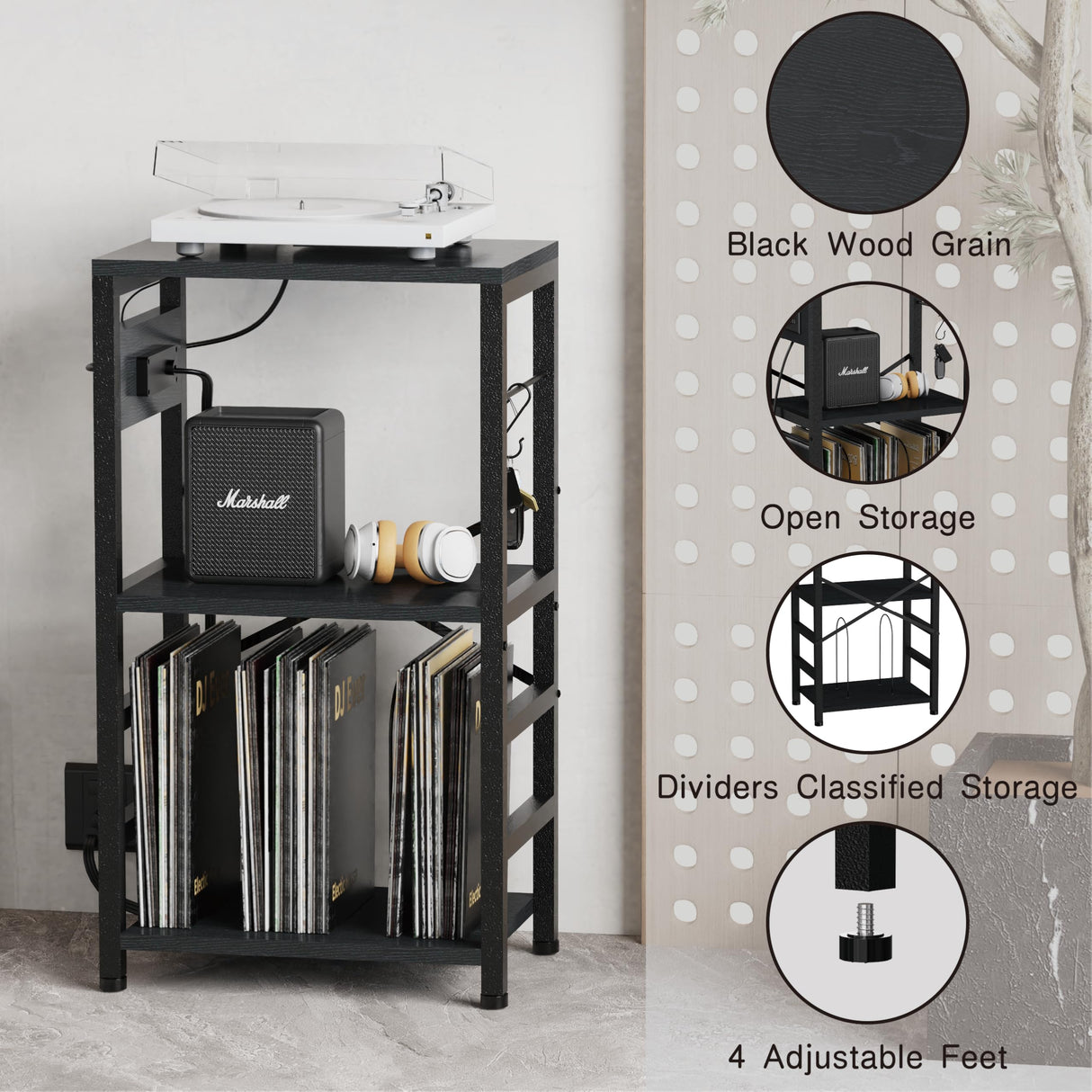 YAKANJ End Table with LED Light,Record Player Stand with Charging Station,Vinyl Records Storage,Turntable Stand Albums Storage for Music Room Studio-Industry Black YAKANJ