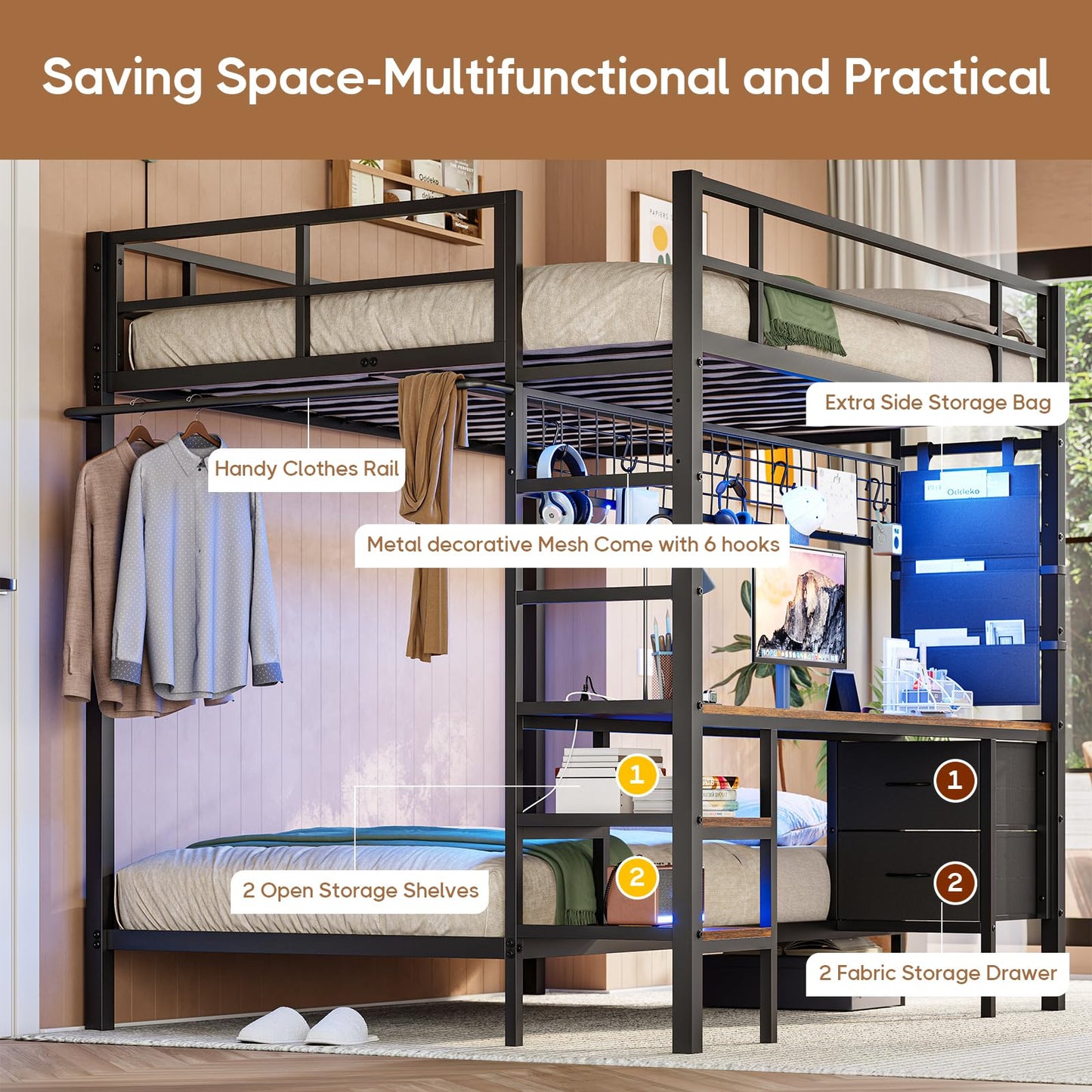 DICTAC Black Full Over Twin Bunk Bed with Integrated Desk, Charging Station, LED Lighting & Storage Solutions - WoodArtSupply