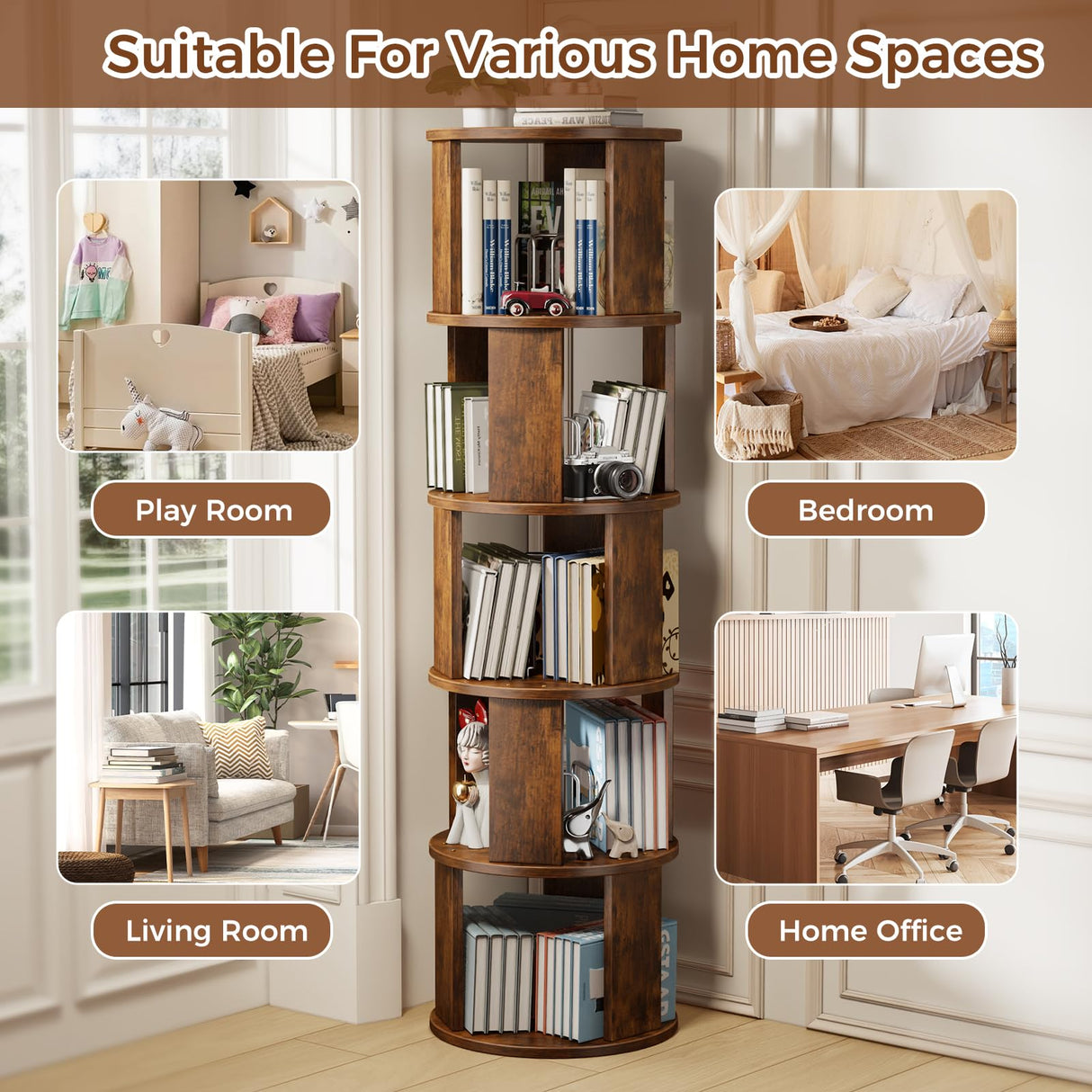 VYRIVA 5 Tier Rotating Bookshelf Tower, 360° Display Round Bookcase, Floor Standing Corner Revolving Bookshelf Organizer Storage Rack for Home Study Office, Walnut VYRIVA