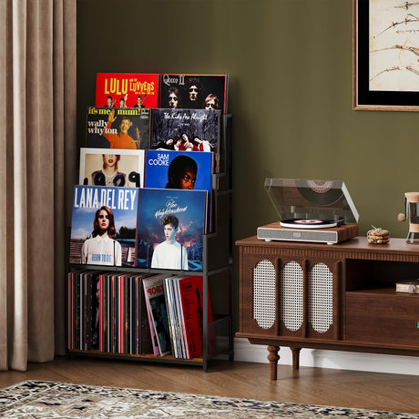 5-Tier Vinyl Record Storage Stand Holder with Record Display Shelf, Large Capacity Vinyl Organizer,250-320 Albums Storage Metal Record Rack for LP, CD, DVD, Magazine, Books Cottage Charm