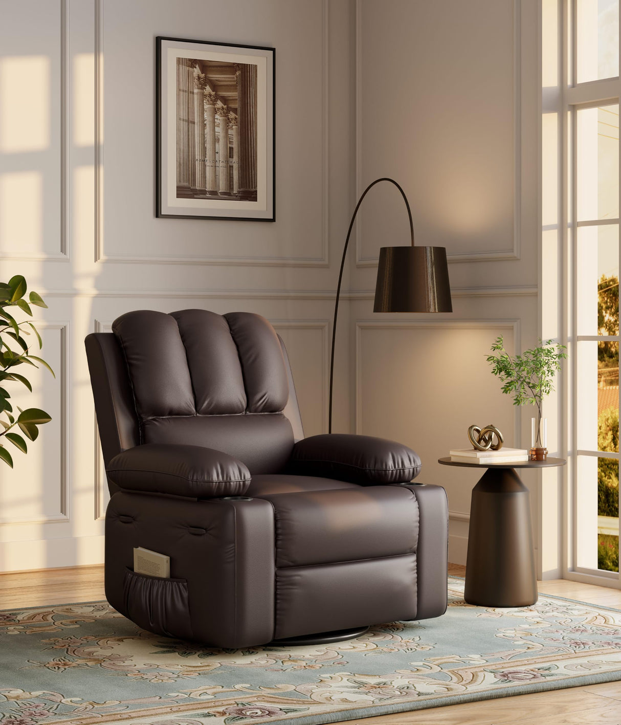 FinerFurnis Large Leather Manual Recliner Chair with Comfortable Arms and Built-in Cup Holders, Spacious 21.2 Inch Seat Width, Perfect for Living Room Relaxation and Entertainment FinerFurnis