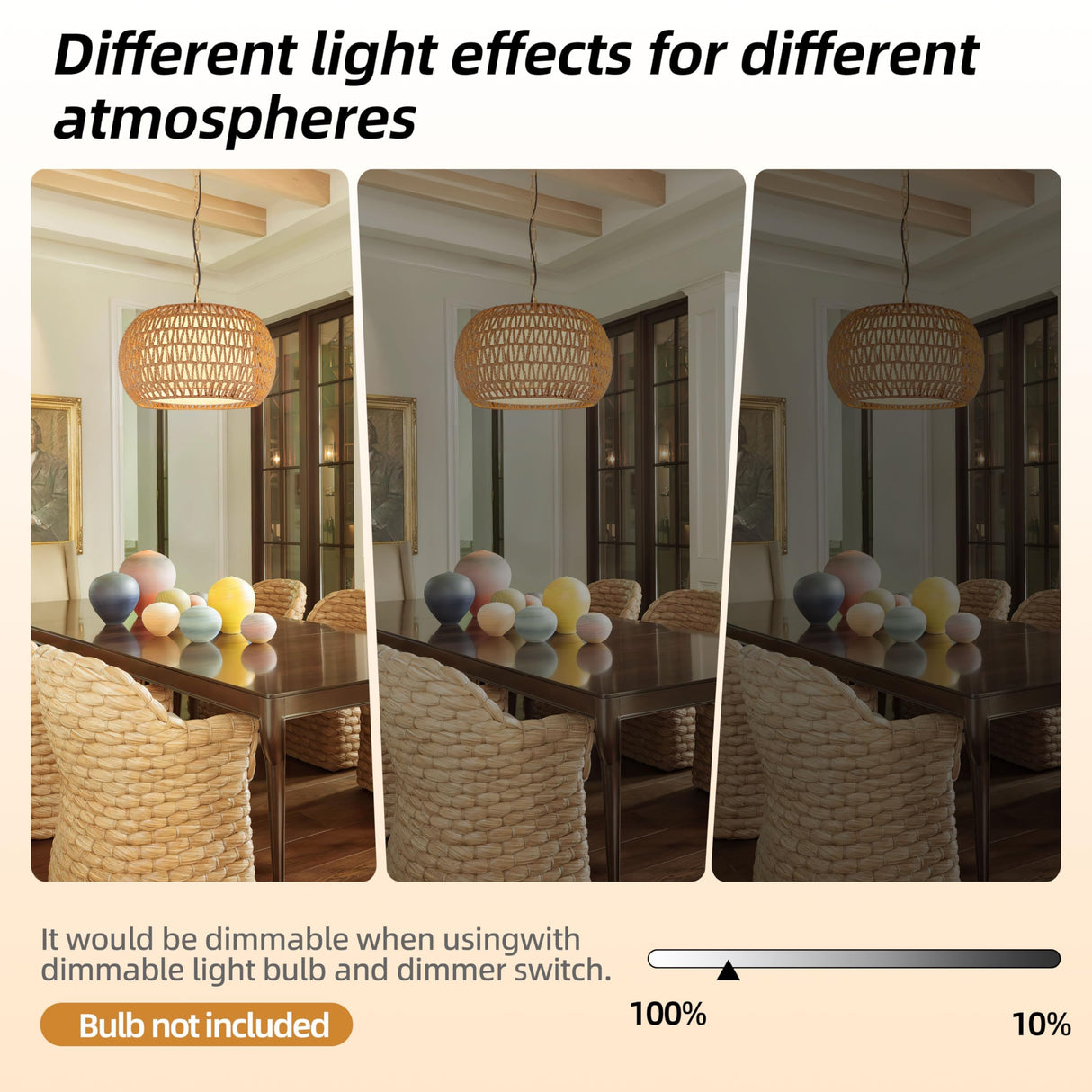 18" Rattan Farmhouse Chandeliers for Dining Room,3-Light Hand-Woven Rattan Chandelier,Farbic Shade Boho Chandelier Pendant Light fixture Drum Chandelier Hanging Lights for Bedroom Kitchen Island AyshwillDec