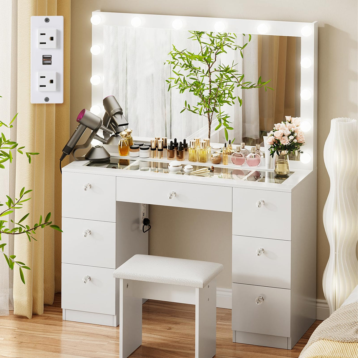 VOWNER Vanity with Lighted Mirror - Makeup Vanity Desk with Glass Top, 7 Drawers and Power Outlet, 3 Color Lighting Modes Adjustable Brightness, 44" Vanity Table with Stool for Women Girls, White VOWNER