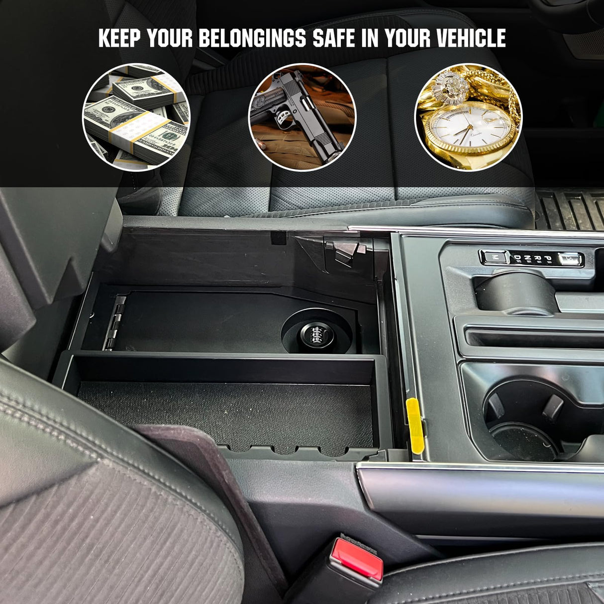 3mirrors Center Console Safe Gun Safe Box with Springs Hinge Compatible with 2021-2024 Ford F150, 2022-2023 F150 Lightning 3mirrors