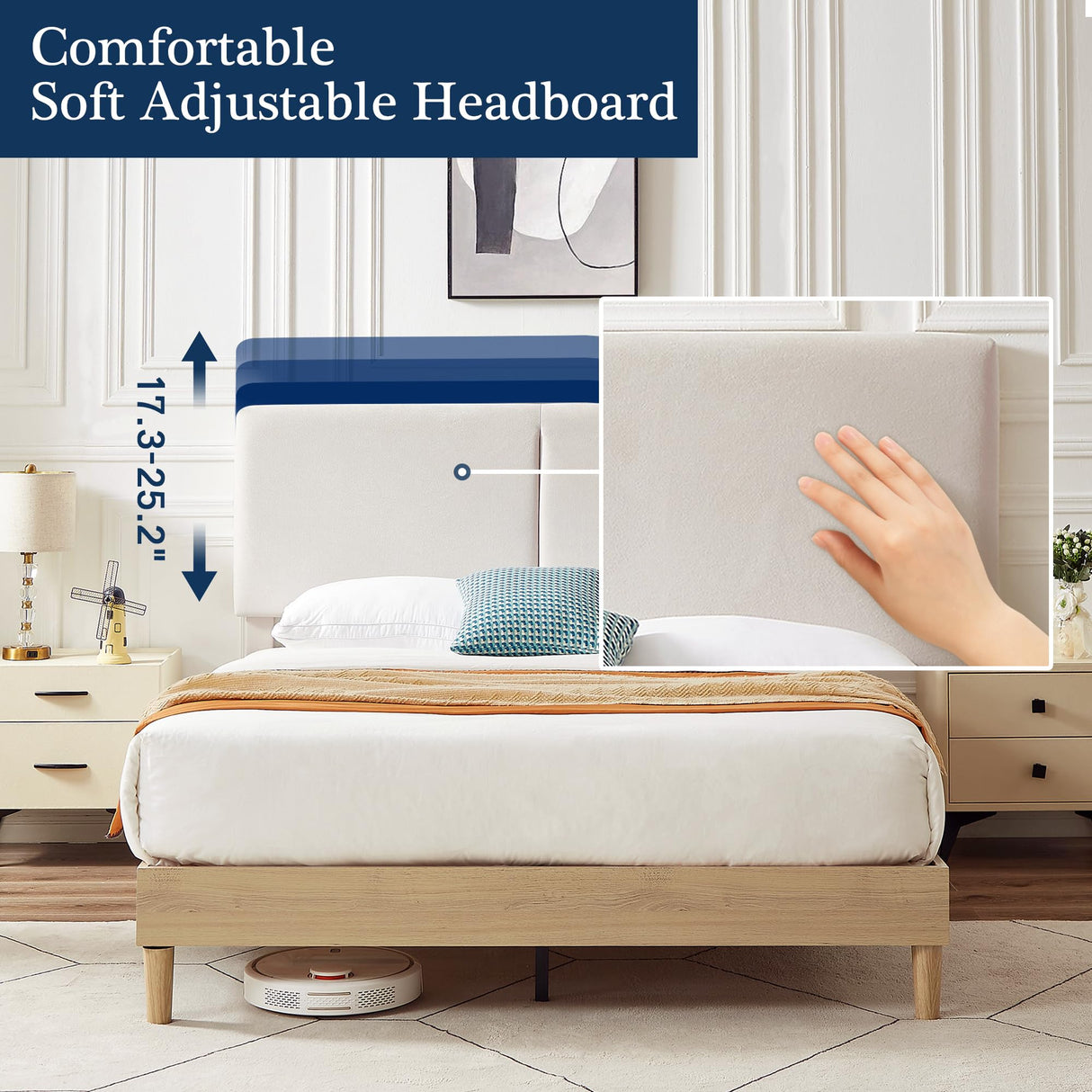 VECELO Adjustable Beige Upholstered Queen Bed Frame with Heavy-Duty Slats and Noise-Free Design VECELO