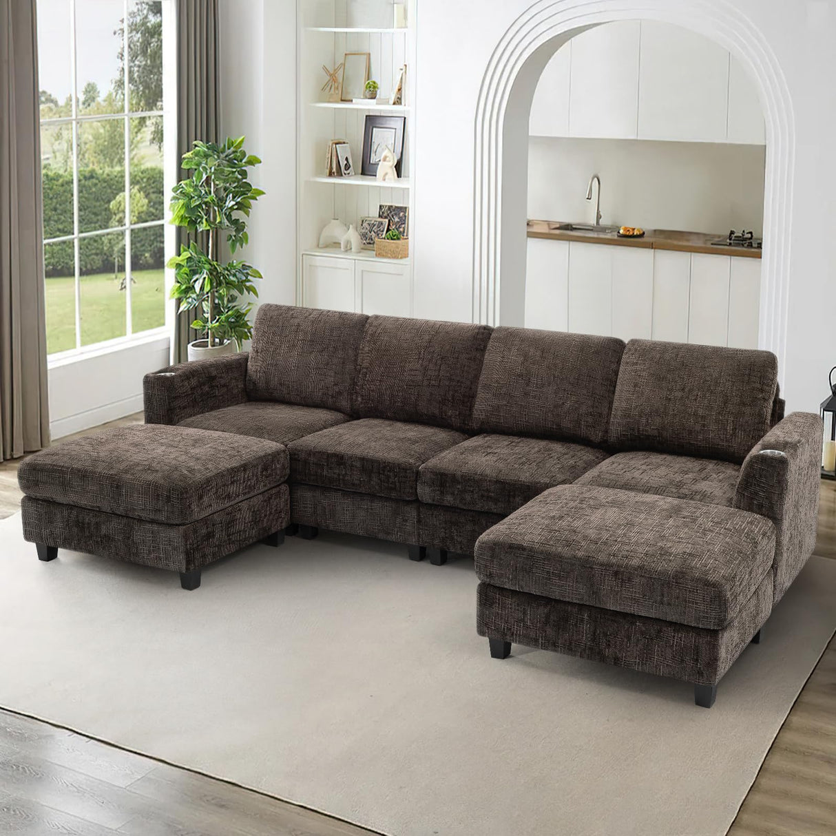Lesofair 110" Chenille Sectional Sofa with Movable Ottomans, Modular U-Shape Couch with Cup Holders, Convertible 4 Seater Sofa with Well-Filled Backrest Cushions for Living Room, House, Brown Lesofair