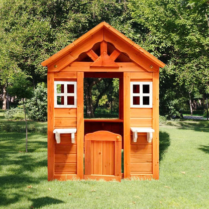 Wooden Playhouse for Age 3-6 Years Boy Girl, Outdoor Cottage Playhouse with Door, 2 Windows, 3 Serving Station, Shelf & Flowerpot Holder, Outdoor