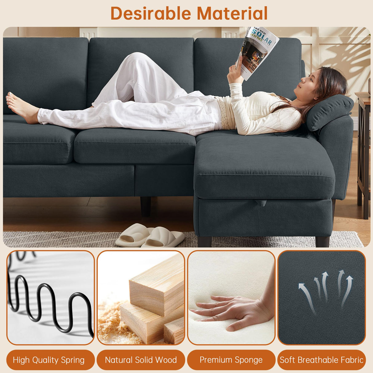 Enobala 79" Convertible Sectional Sofa, Modern L Shaped 3 Seat Couch with Reversible Ottoman for Living Room (#Dark Grey) Enobala