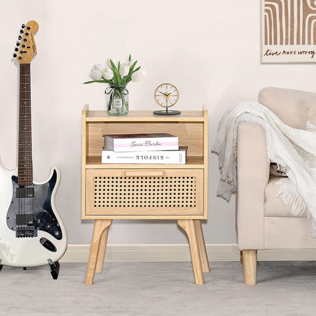 Lerliuo Rattan Nightstand, Boho Side Table with Drawer Open Shelf, Cane Accent Bedside End Table with Solid Wood Legs for Bedroom, Dorm and Small Spaces (Natural) Lerliuo