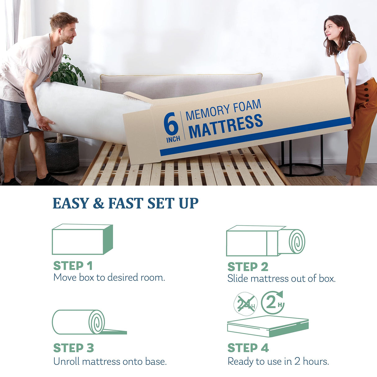 EGOHOME Full Mattress for Kids, 6 Inch Green Tea Gel Cooling Memory Foam Bunk Bed Mattress in a Box, Made in USA CertiPUR-US Certified, Medium Firm Trundle Mattress, White MLILY