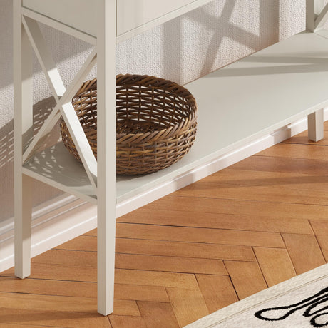 ChooChoo Farmhouse Console Table with Drawers, Narrow Wood Accent Sofa Table Entryway Table with Storage Shelf for Entryway, Front Hall, Hallway, Living Room, Antique White & Brown ChooChoo