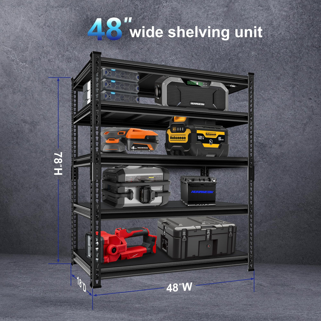 Huhaneon Heavy Duty Garage Shelves - 48''W 2,500Lbs Metal Adjustable Storage Shelving Rack Units for Warehouse Basement 5 Tier Black 47.2" W x 17.7" D x 78" H Huhaneon