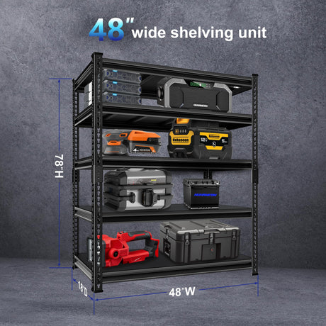 Huhaneon Heavy Duty Garage Shelves - 48''W 2,500Lbs Metal Adjustable Storage Shelving Rack Units for Warehouse Basement 5 Tier Black 47.2" W x 17.7" D x 78" H Huhaneon