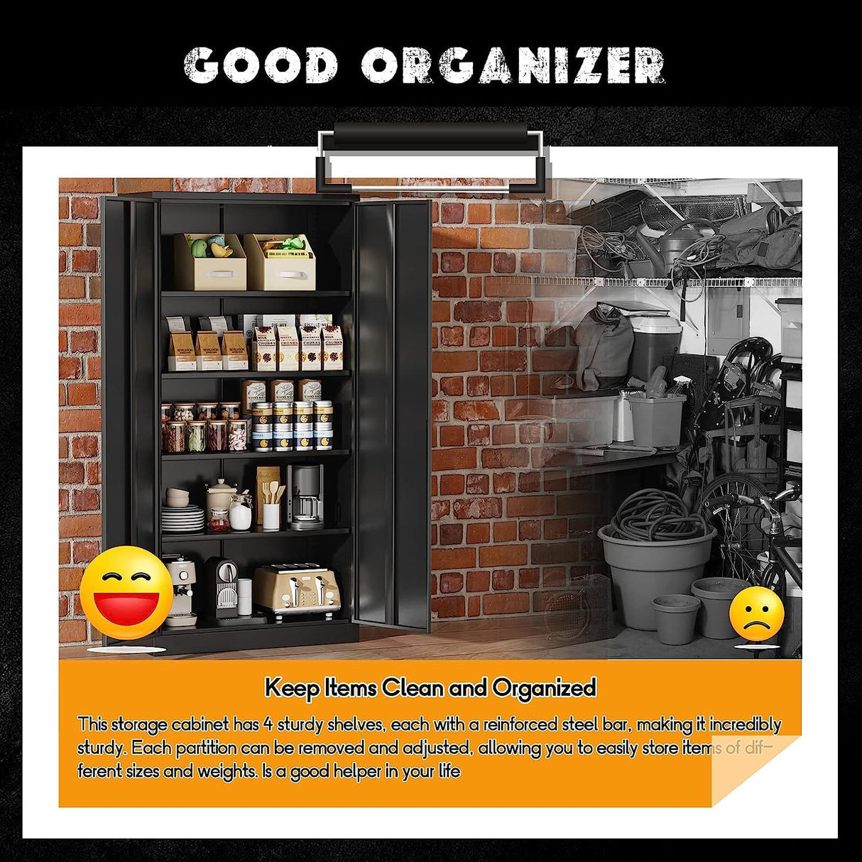 Greenvelly Metal Garage Storage Cabinet with Locking Doors, Black 72" Steel Storage Cabinet, Lockable Metal File Cabinet with Adjustable Shelves for Home Office, Garage, School Greenvelly