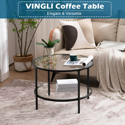 VINGLI 25.6" Round Black Coffee Tables for Living Room, 2-Tier Glass Top Coffee Table with Storage Clear Coffee, Simple & Modern Center Table for Small Space - WoodArtSupply