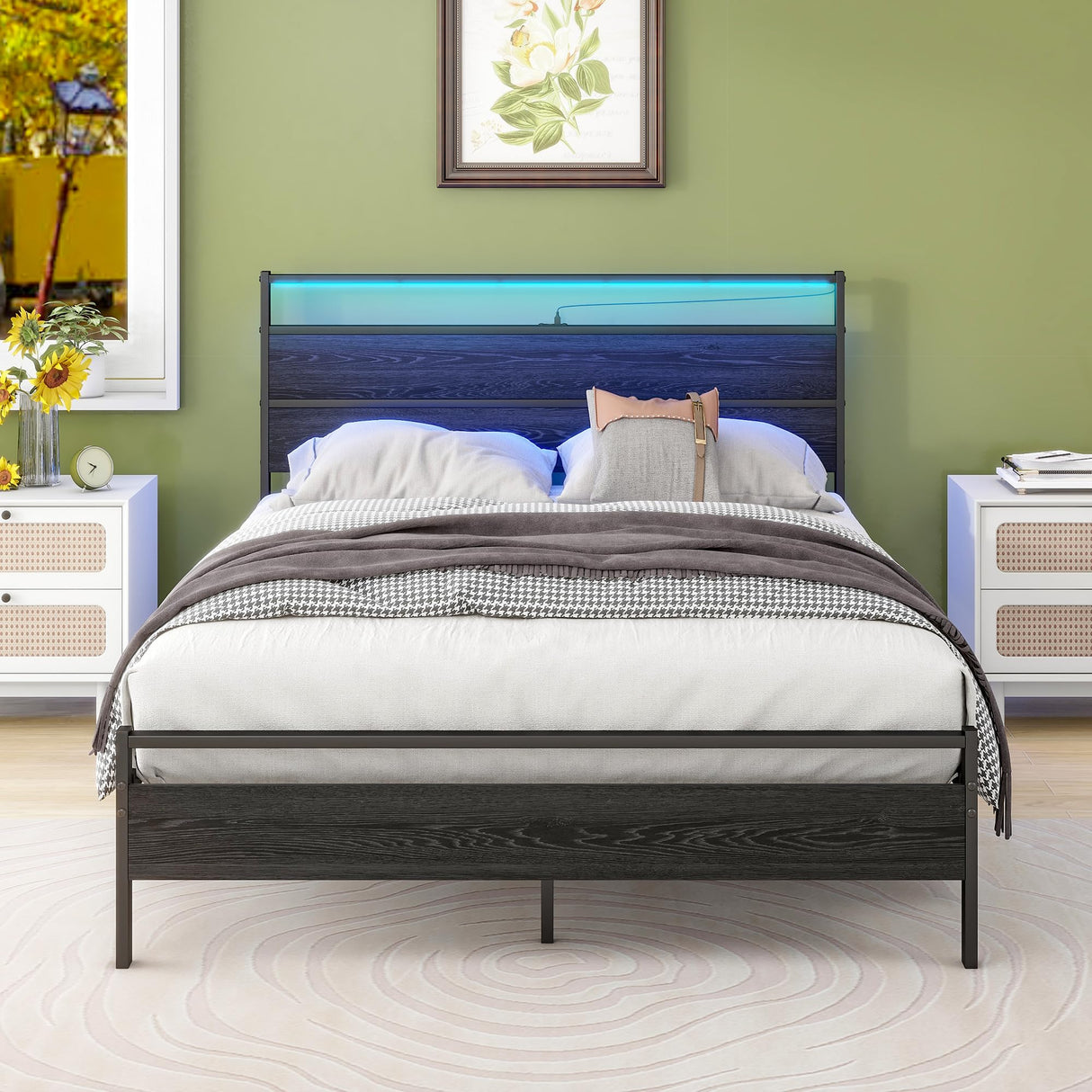 Full Size HOJINLINERO Bed Frame with Wood Headboard, LED Lights & Charging Station HOJINLINERO