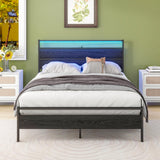 Full Size HOJINLINERO Bed Frame with Wood Headboard, LED Lights & Charging Station HOJINLINERO
