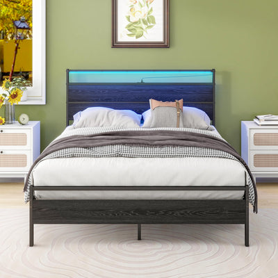 Full Size HOJINLINERO Bed Frame with Wood Headboard, LED Lights & Charging Station