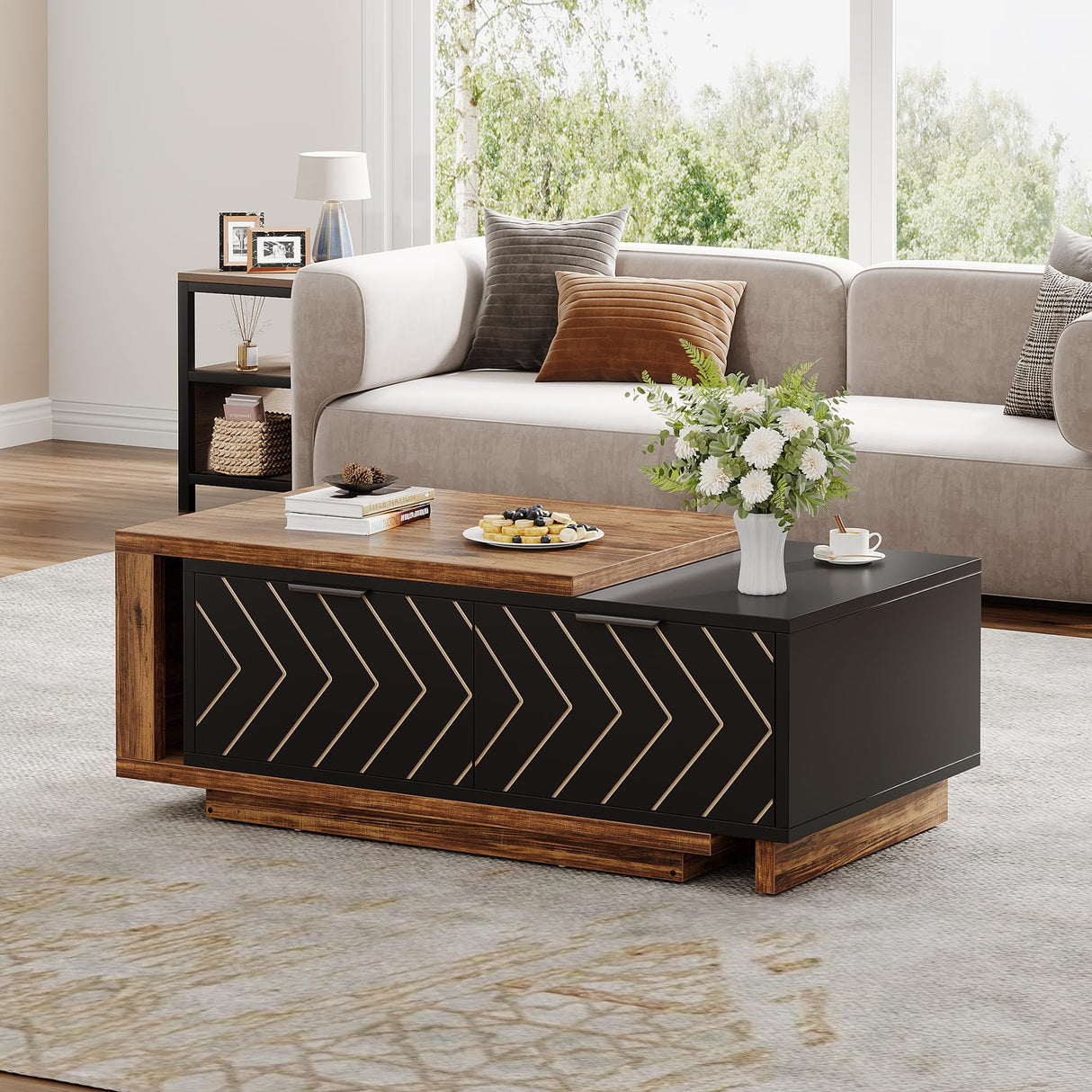 Tribesigns Extendable Coffee Table with 2 Storage Drawers, Dual-Tone Center Table with Sliding Tabletop, Multi-Functional Hidden Storage Wooden Rectangle Cocktail Table for Living Room (Brown & Black) Tribesigns