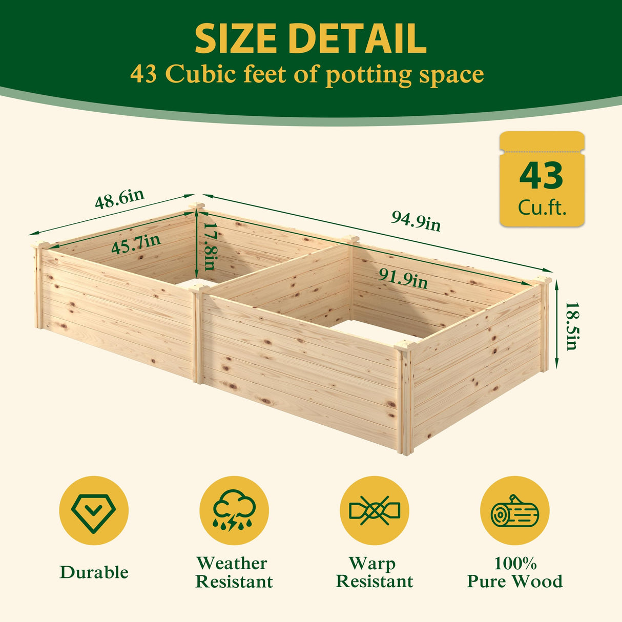 MUPATER 8x4x1.5 FT Wooden Raised Garden Bed, 43 Cubic Feet Outdoor Plant Box with Mortise & Tenon Design, Deep Raised Garden Bed for Herbs, Vegetables and Flowers, Garden, Natural Wood MUPATER