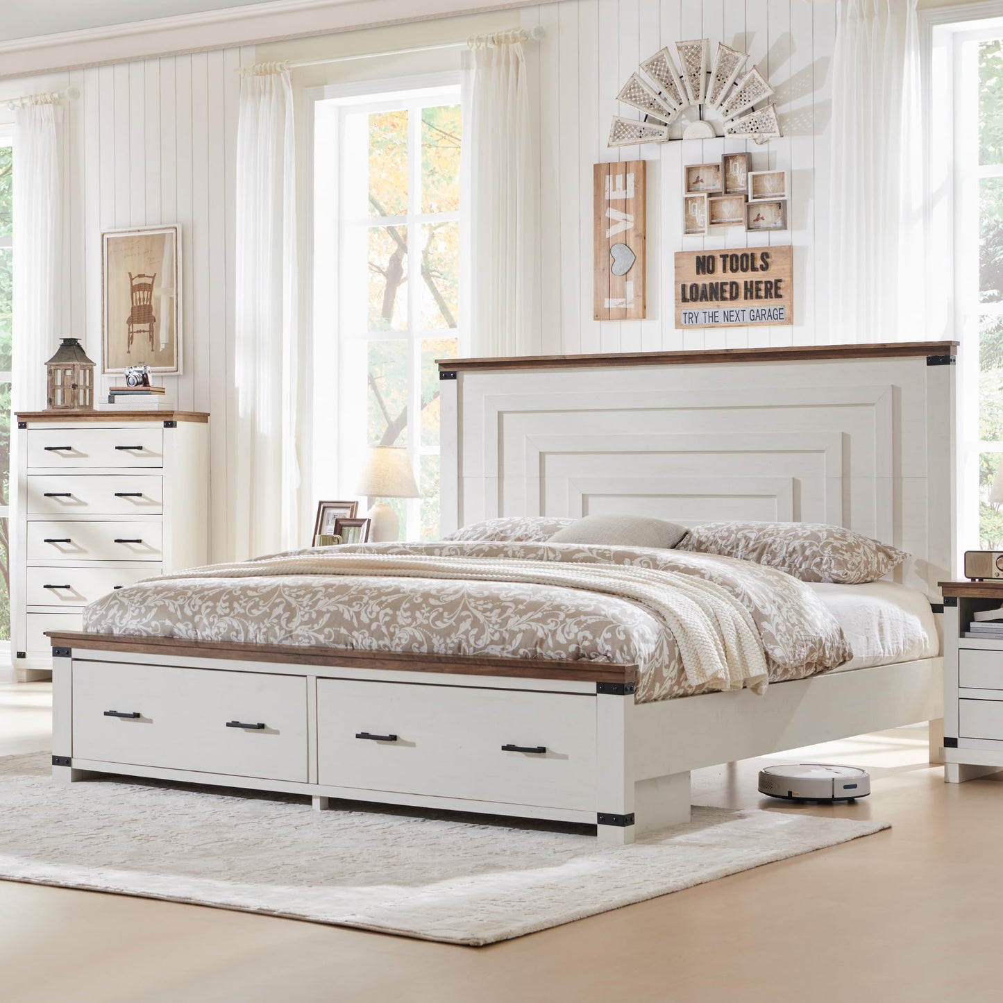 RedLemon Antique White Farmhouse Queen Bed Frame with 54" Geometric Headboard and Storage Drawers - WoodArtSupply