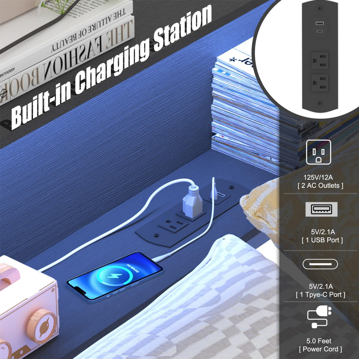 KEIKI Twin Size Corner Bed Frames with Storage Drawers, Charging Station, Led Light & Bookcase Headboard, Wooden & Metal L-Shaped Captain Daybed for Small Room, Bedroom, Guest Room, kids'Room, Black KEIKI