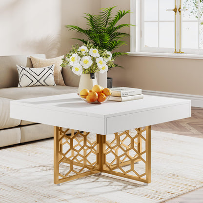 Tribesigns Wood Square Coffee Table with Gold Base White and Gold Coffee Table for Living Room White Low Coffee Table - WoodArtSupply