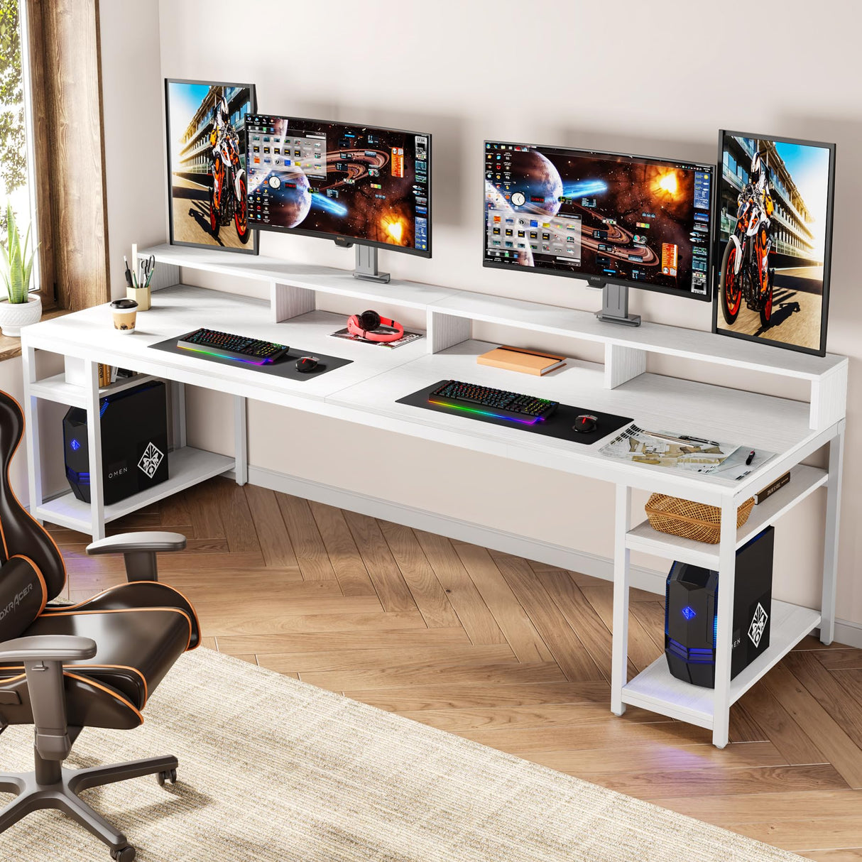 Tribesigns Two Person Desk with Monitor Stand, 78.74" Long Double Computer Office Desk with Storage Shelves, Large Gaming Desk Study Writing Table Workstation for Home Office (White) Tribesigns