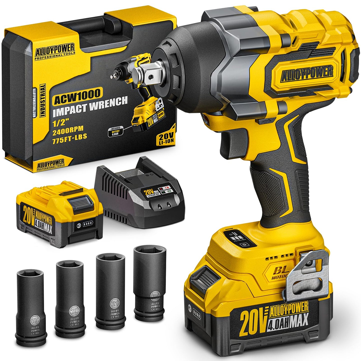 ALLOYPOWER Brushless Impact Wrench, 775Ft-lbs(1050N.m) High Torque impact gun, 4.0Ah Battery Operated, 1/2 Cordless Power Impact Wrenches, 4 Sockets, Electric Lug Nuts Impact Wrench for Home  - WoodArtSupply