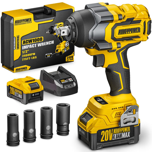 ALLOYPOWER Brushless Impact Wrench, 775Ft-lbs(1050N.m) High Torque impact gun, 4.0Ah Battery Operated, 1/2 Cordless Power Impact Wrenches, 4 Sockets, Electric Lug Nuts Impact Wrench for Home  - WoodArtSupply