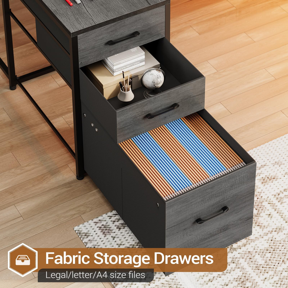 SEDETA Corner Computer Desk, Reversible U Shaped Office Desk with 3 Fabric Drawers and Power Outlet, Corner Gaming Desk with LED Lights, Storage Shelves, Grey SEDETA