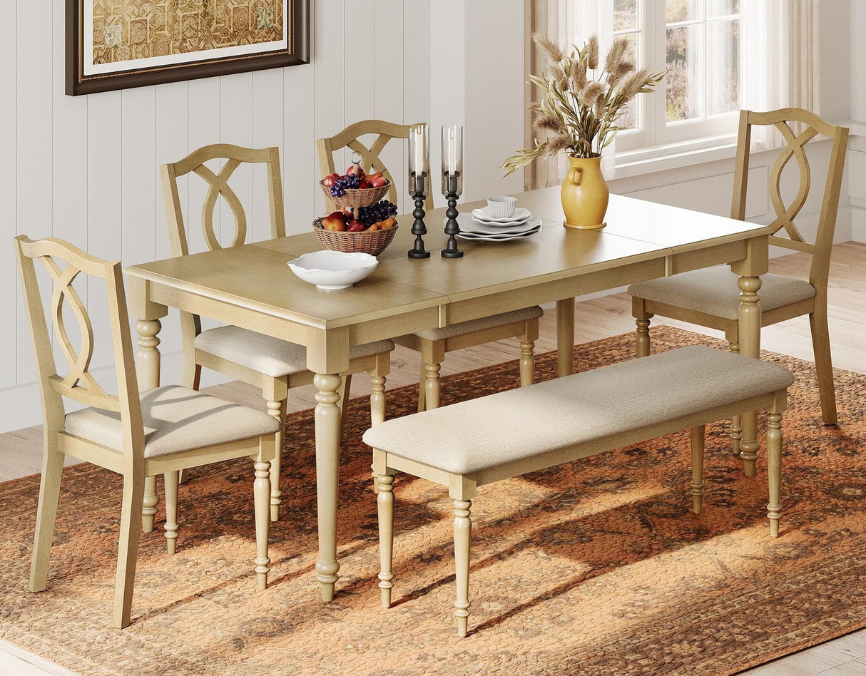 WAMPAT 6 Piece Dining Table Set, Wooden Rectangular Table for 6-8, 4 Dining Chairs with Cross-Back, Upholstered Bench with Rubber Wood Legs, Kitchen Table with Chairs for Dining Room, Oak WAMPAT