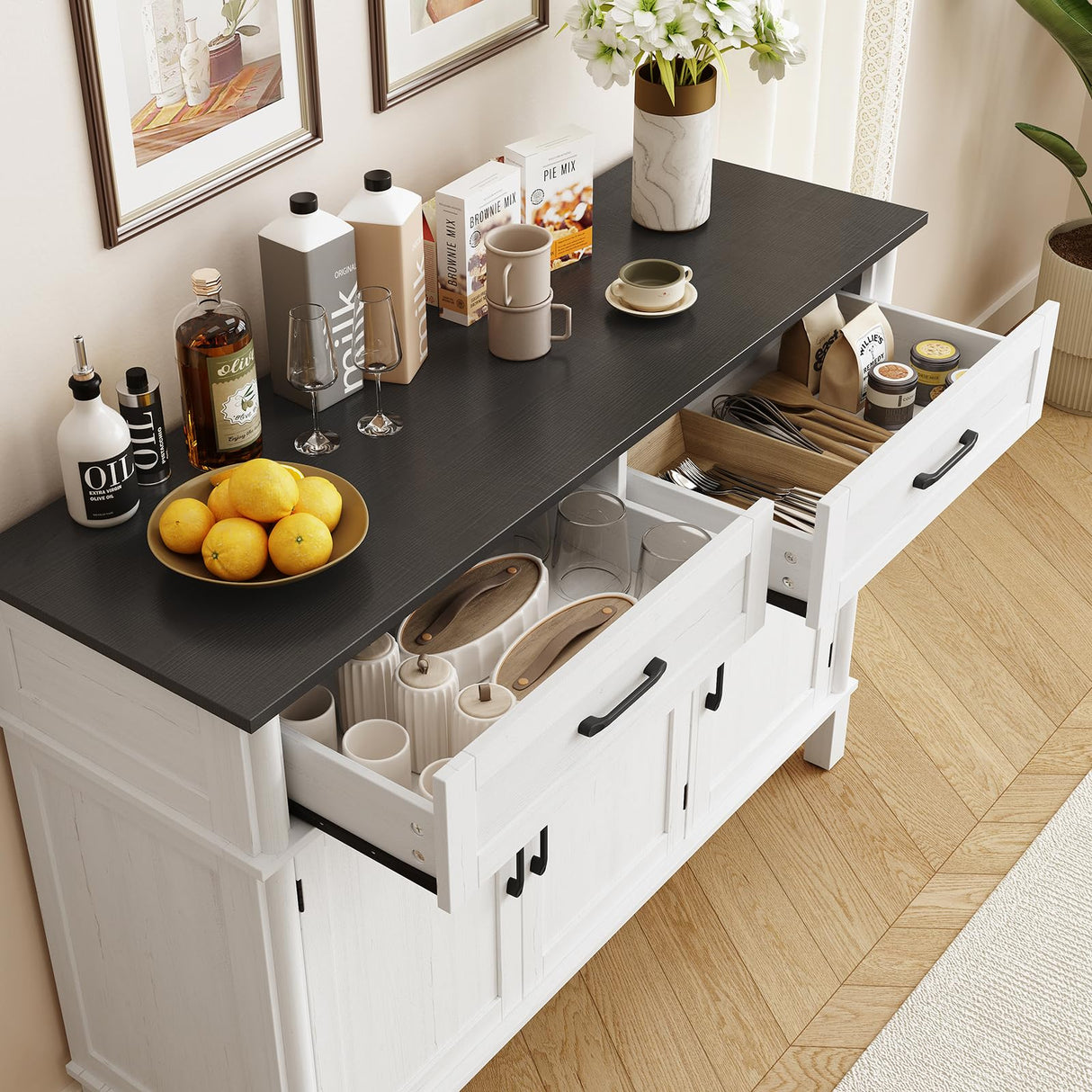 48 Inches Buffet Cabinet with Storage, Farmhouse Sideboard Buffet w/2 Drawers and 3 Doors, Wood Coffee Bar Cabinet with Adjustable Shelves, Sideboard Storage for Kitchen, Living Room, Off White&Black ONBRILL