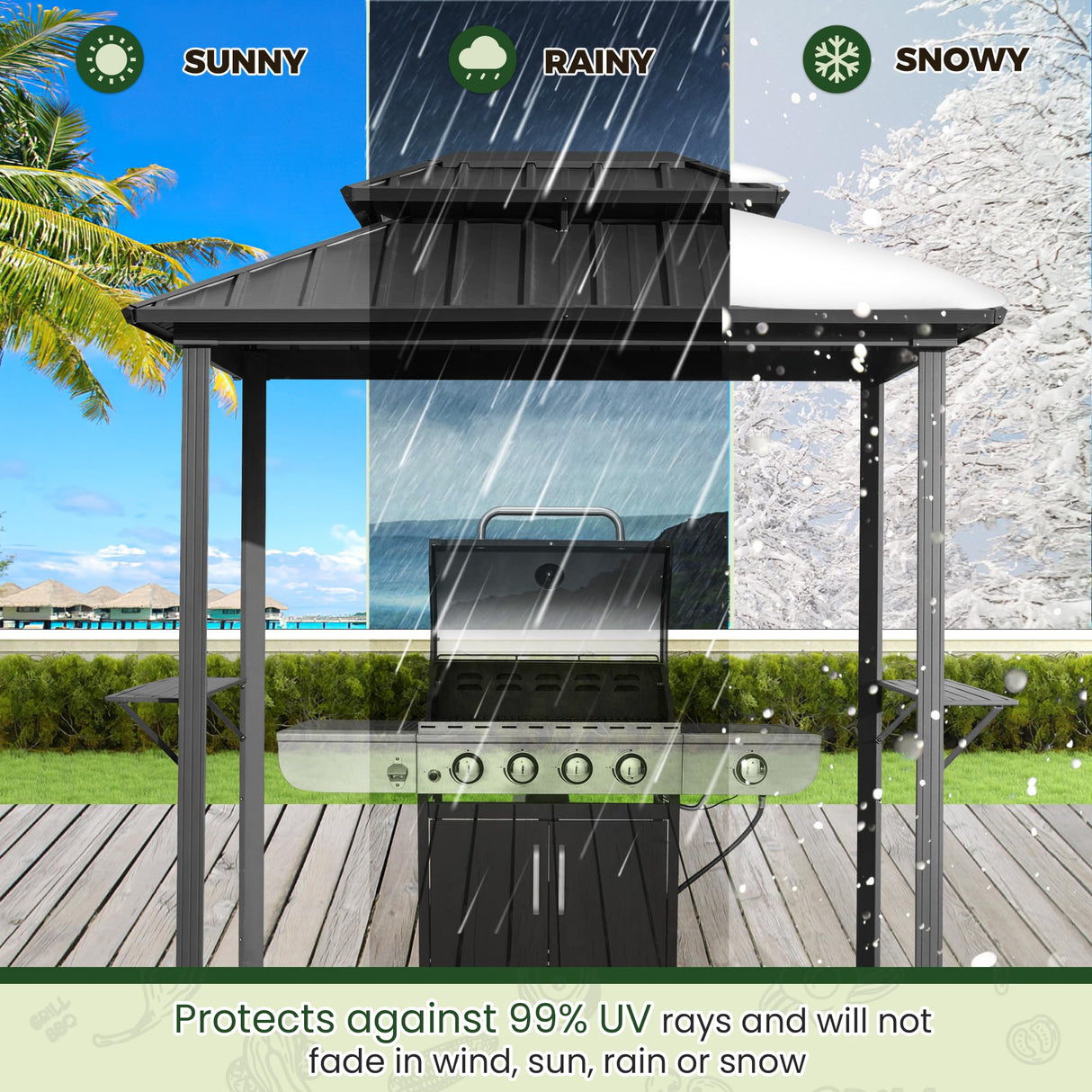 MELLCOM 8' x 6' Grill Gazebo, Outdoor Patio Gazebo with Galvanized Steel Double Roof, Hardtop Barbecue Gazebo with 2 Side Shelves and Ceiling Hook for Deck Lawn Backyard Garden (Black) MELLCOM